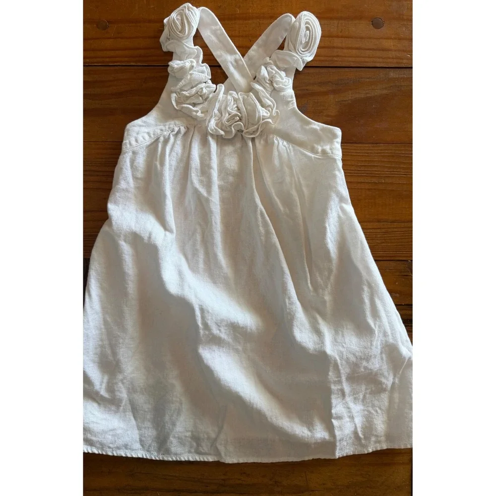 Kellys Kids 4-5 White Linen‎ Blend Ruffle Rosette Sun Dress Girls